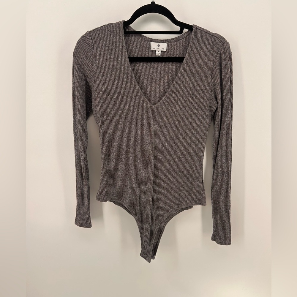 Socialite Womens Charcoal Grey Long Sleeves Ribbed V-Neck  Knit Bodysuit M
